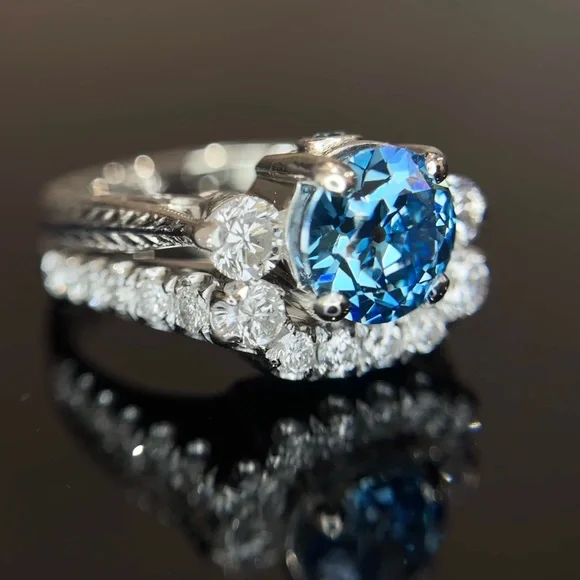 2.55 ctw Old European Cut Blue Lab and Natural Diamond Wedding Set - Picture 15 of 17